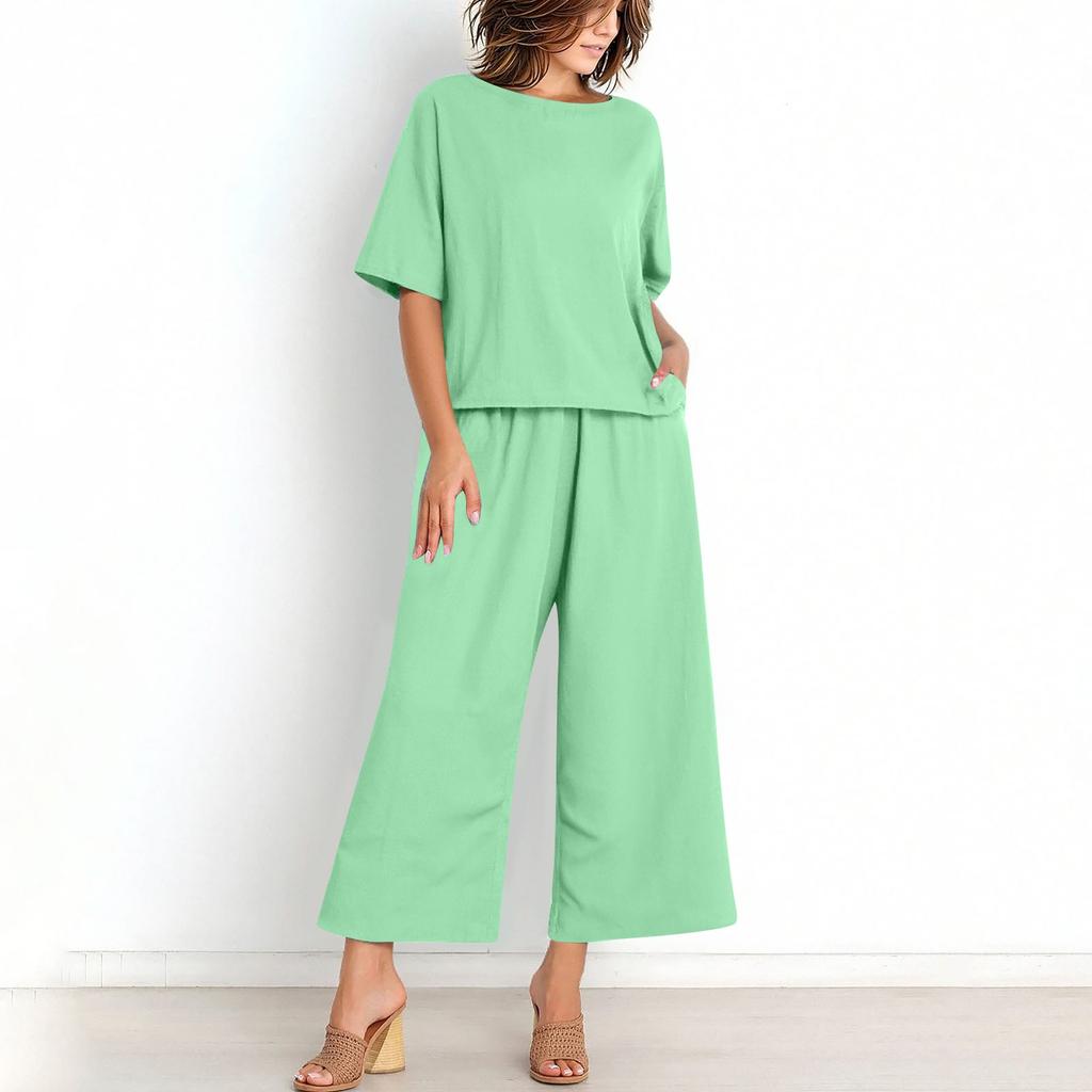 Women's Casual Fashion Sexy Long And Short Sleeve Pullover Shirt Round Neck Literary Retro Color Casual Split Suit