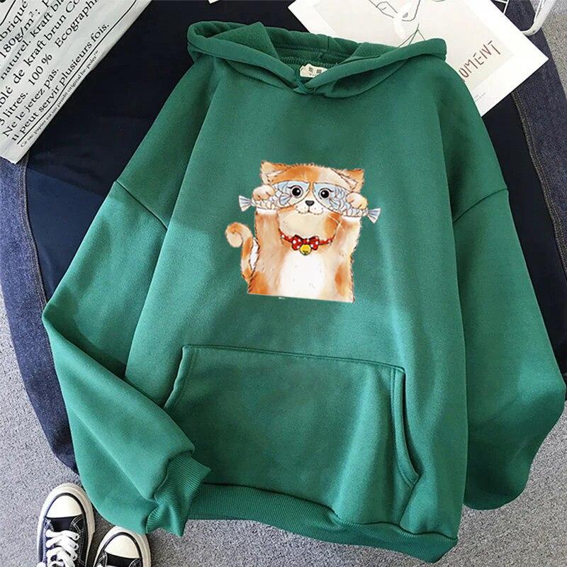 Sweat à capuche drôle le chat pour femmes, mode Kawaii coréen Harajuku, vêtements de dessin animé des années 90, capuche surdimensionnée pour filles