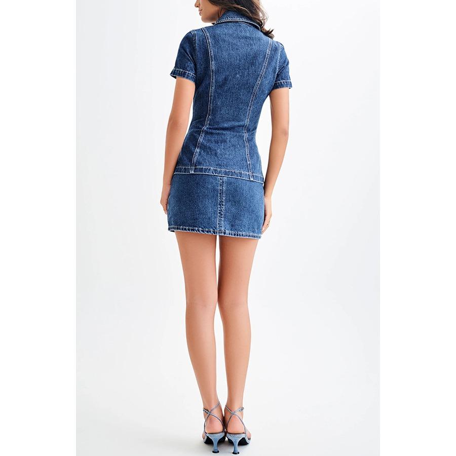 IHUASU Women's Modern Style Denim Short-sleeved Button High-waisted Short Skirt Set