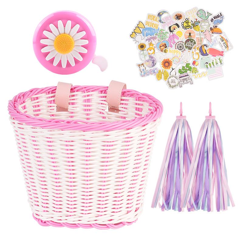Children's Retro Rattan Bike Basket with Bell, Stickers, and Handlebar Tassels - Bicycle Accessories