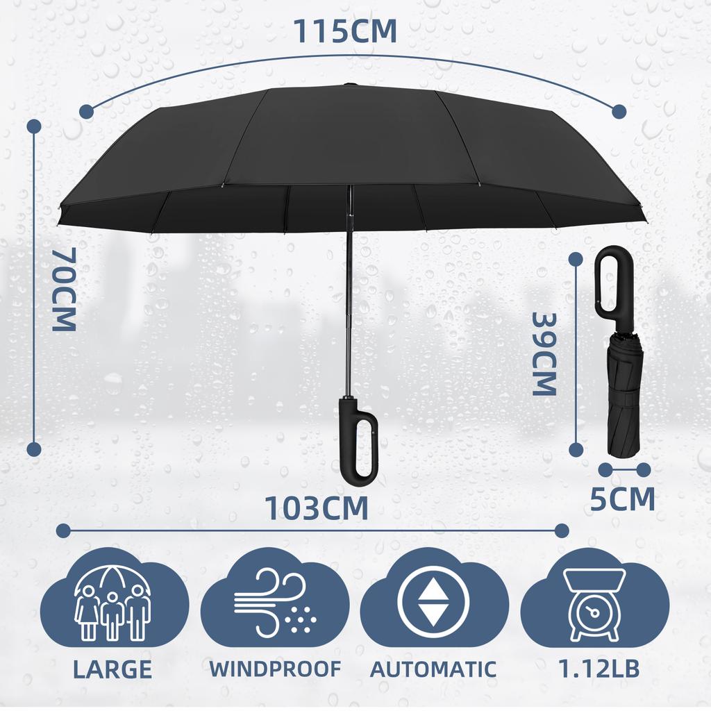 W pełni automatyczny składany parasol podróżny z uchwytem haczykowym, osłoną przeciwsłoneczną i ochroną UV, wodoodporny, z zapięciem na kółko