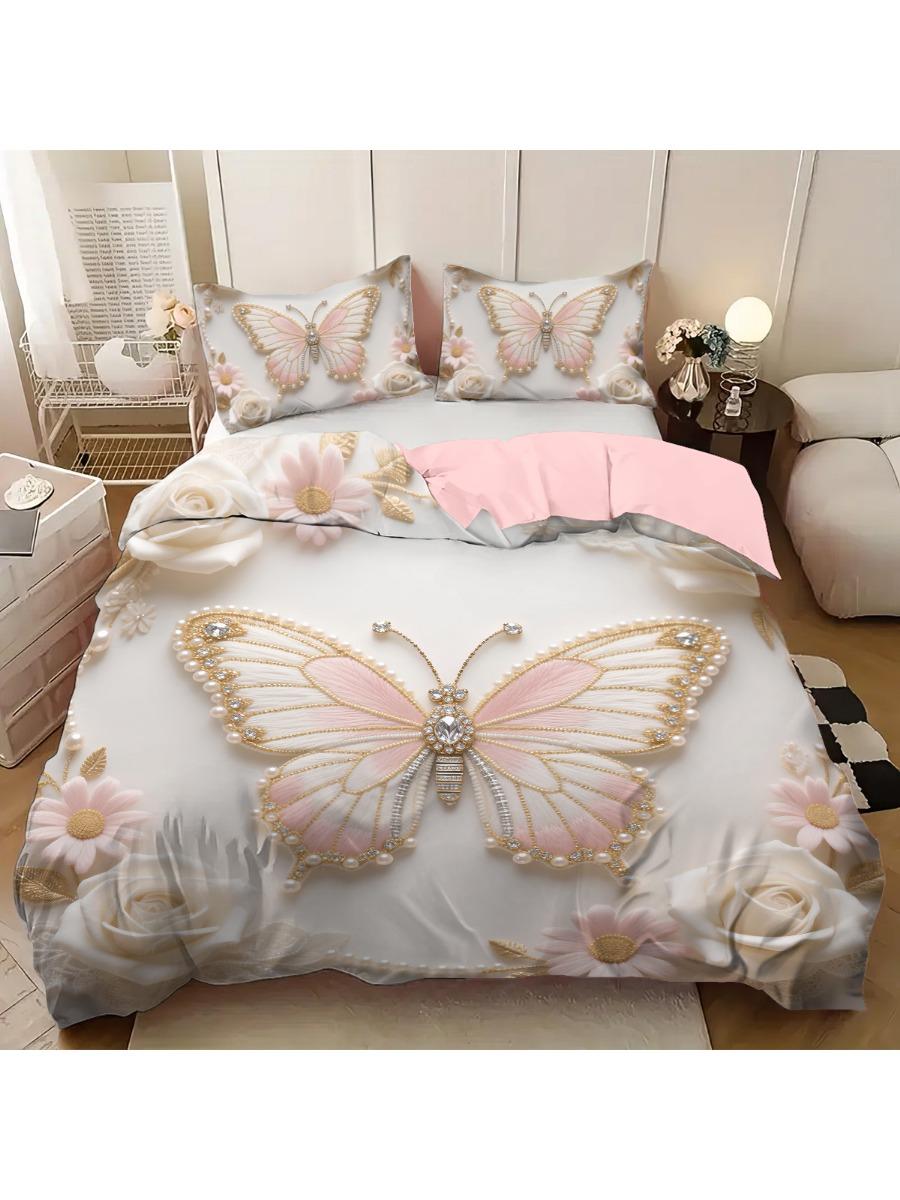 

3 шт. Розовый комплект постельного белья с принтом бабочек, без наполнителя, разные размеры, для спален и общежитий, удобный и можно стирать в машине 135x200cm-EU-Single&set