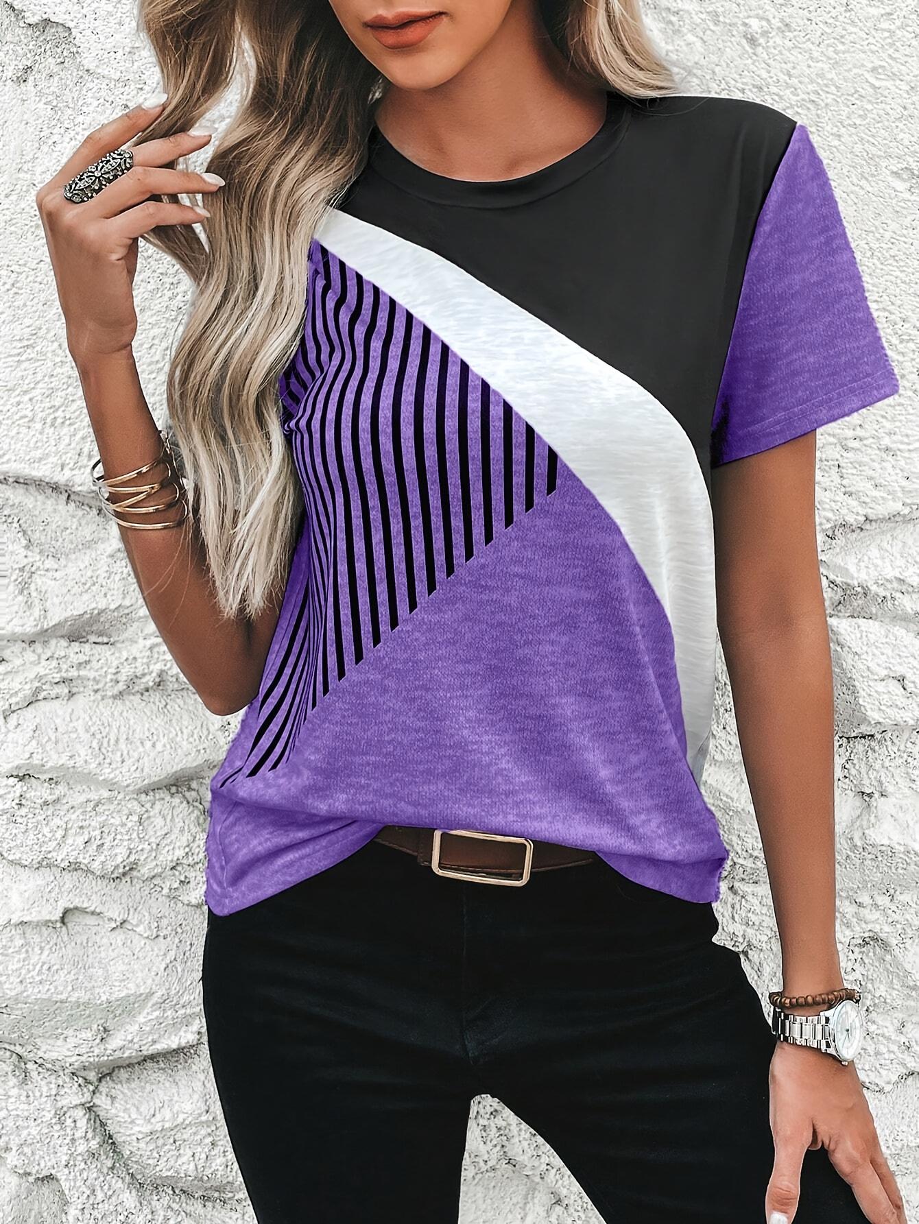 Women s Casual Summer Color Block Striped T-Shirt - Round S дубильная кора