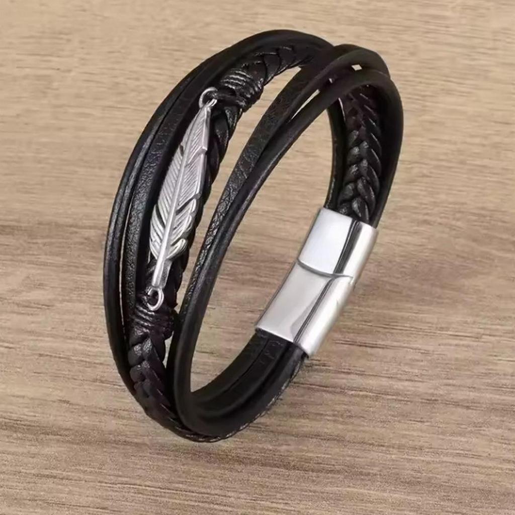 Multi-layer Leather & Titanium Steel Magnetic Buckle Bracelet