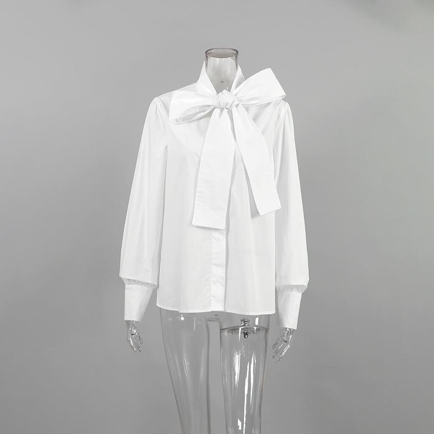1116 autumn fashion versatile lace-up loose shirt women's European and American loose white shirt streamer collar simple