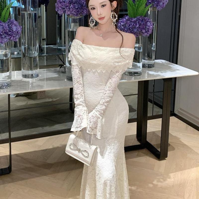 French One-word Shoulder Lace Dress Women's Autumn and Winter High-end Waist-wrapped Hip Dress Dress Dress Long Dress