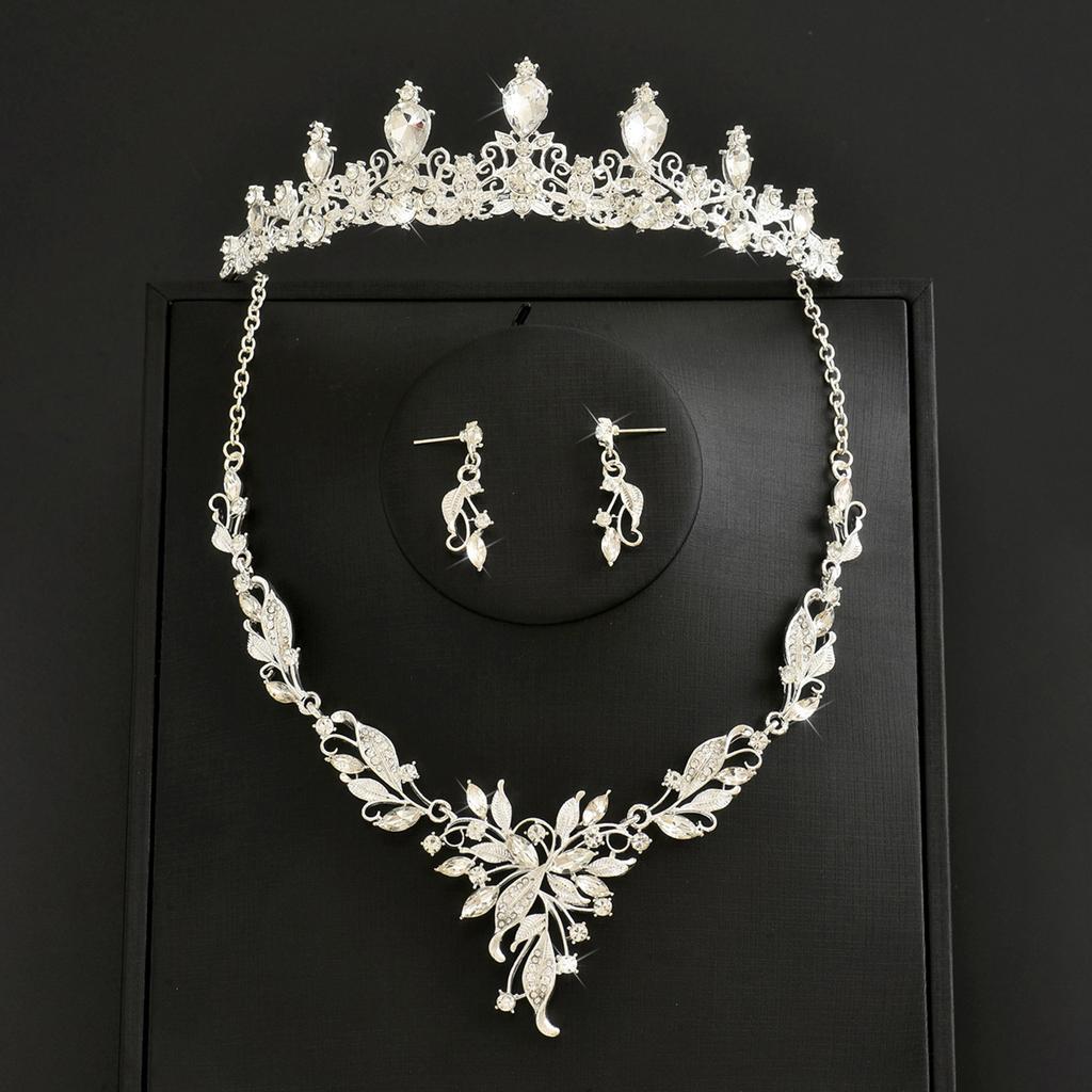 Ladies' Fashion Design Flower Necklace Earrings Crown Zircon Set Suitable for Wedding, Party, Festival Gifts