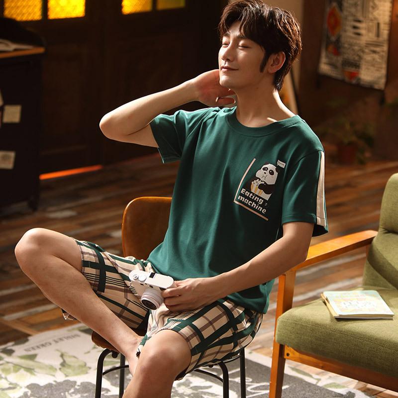 Bărbați de vară din bumbac cu mânecă scurtă, pantaloni scurți, Teen Loungewear, desene animate, pulover, tricou, pantaloni scurți, pijamale, pijamale de casă