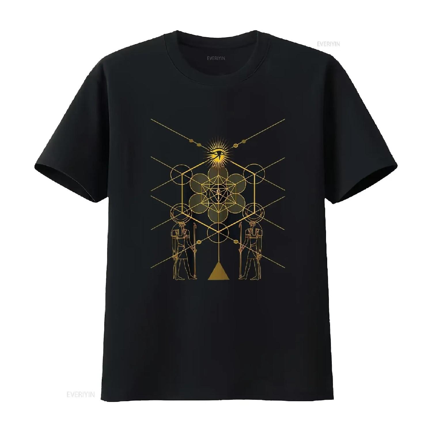 Sacred Geometry Science Egyptian HORUS HERU T Shirt vintage Washed fashion homme Stylish Casual Slightly graphic Versatile S чёрный