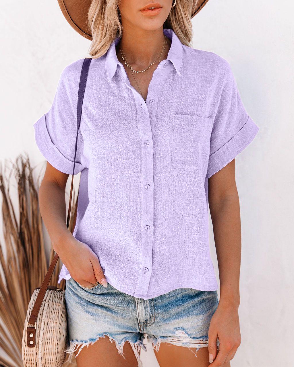 

Женская летняя блузка из хлопка и льна с коротким рукавом - Женская рубашка на пуговицах с лацканами L