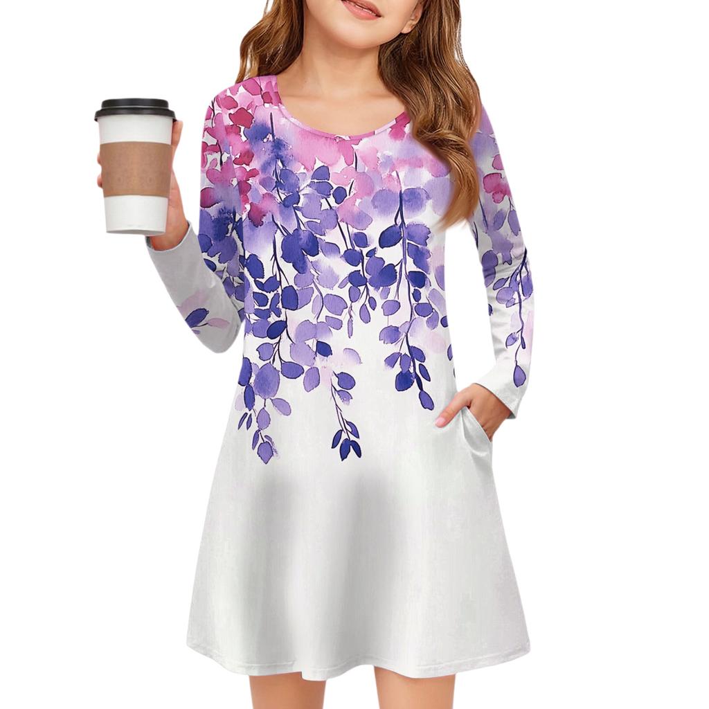 Girls' Long Sleeve Dress - Color Pocket Dress
