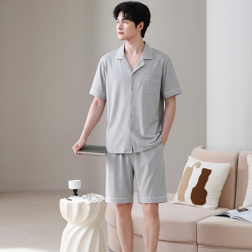 Summer men's pure cotton pajamas short-sleeved five-point pants loungewear men's summer thin plus size suit