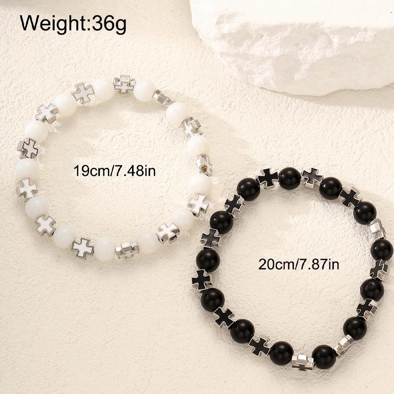 2Pcs Cross Beaded Bracelet Set For Men Women Fashion Black White Beaded Bracelet Trendy Punk Party Daily Wear Jewelry Gifts 2026