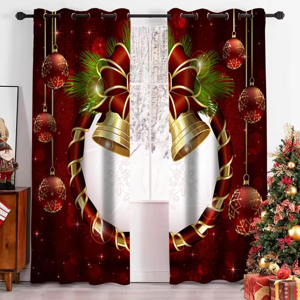 Joyful Latest  Christmas Drapes Christmas Bells Crimson Festive Drapes 2 Panels Deluxe Livingroom Space Bedchamber Balcony Kitchen Decoration