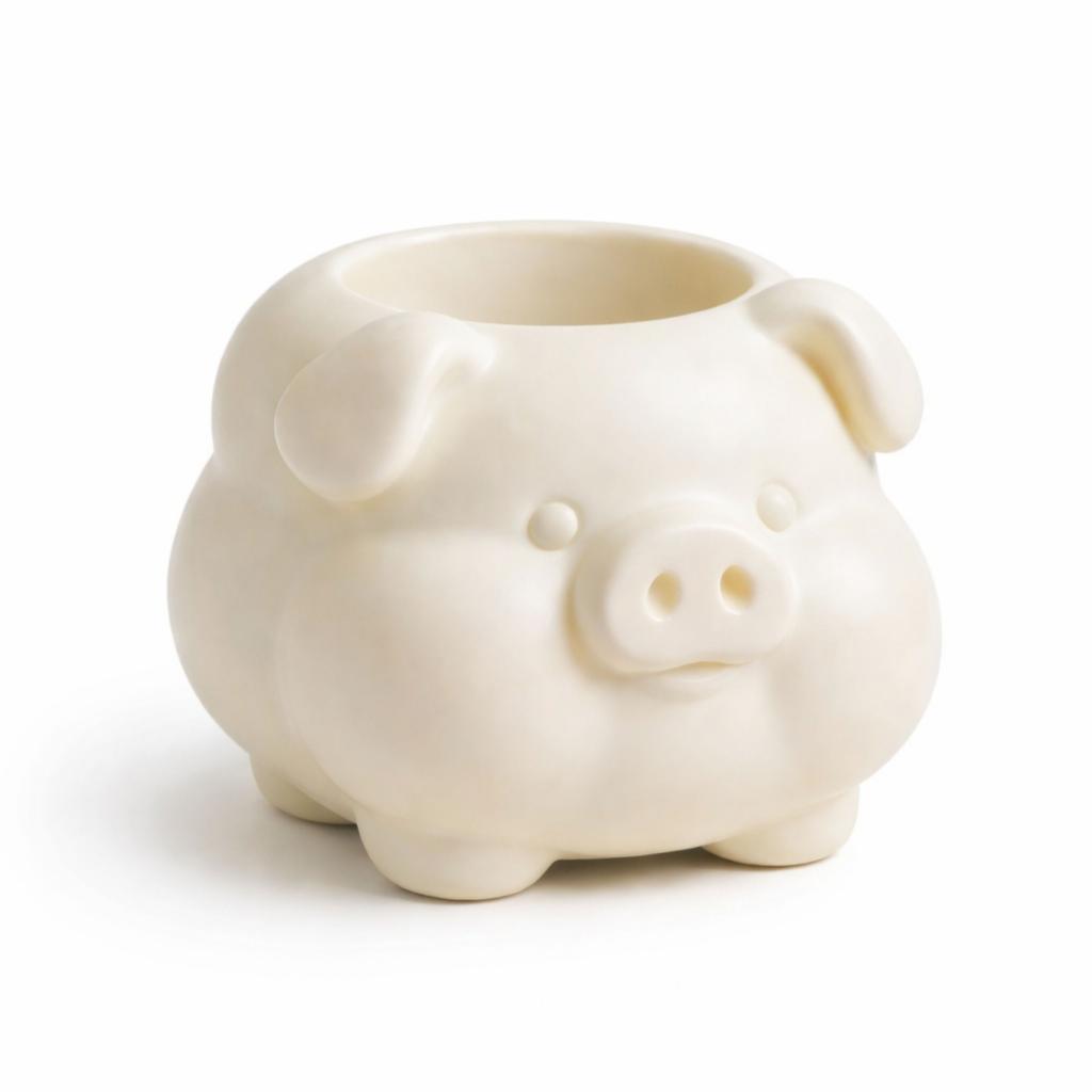 A container in the shape of a plump white pig