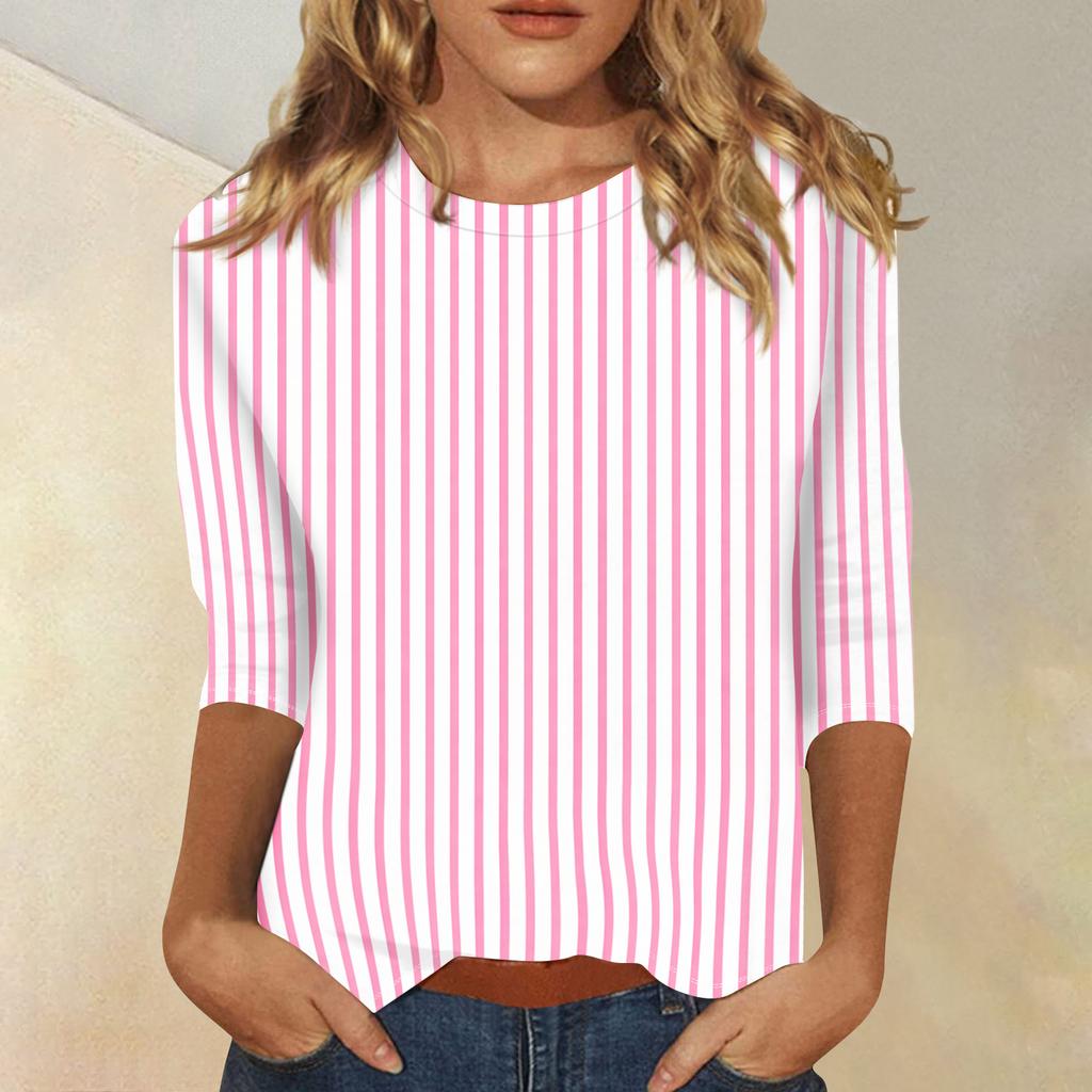 Women's Fashionable Casual Three-Quarter Sleeve Striped Print -Neck T-Shirt Top