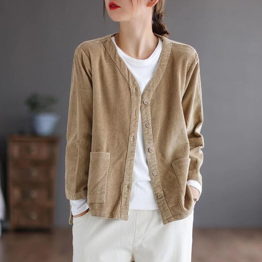 2026 Autumn Retro Plus Size Women's Loose Corduroy Jacket, Hong Kong Style
