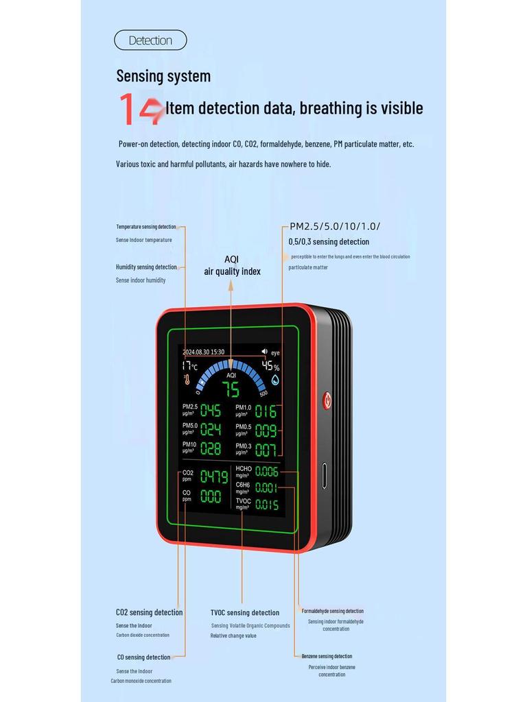 18-in-1 Air Quality Detector with Data Export: Measures Formaldehyde, Benzene, CO2, and PM2.5