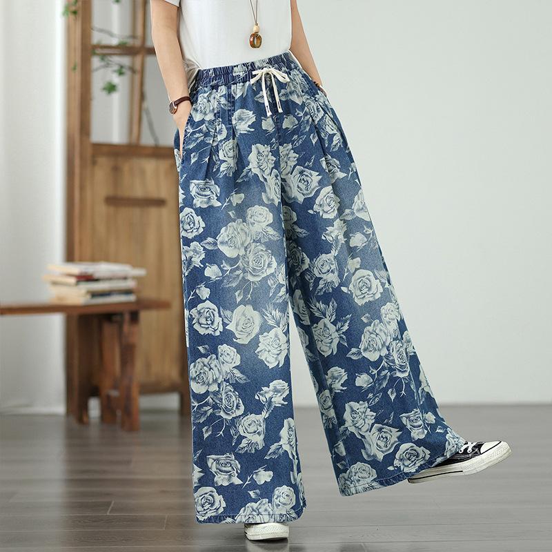 

Джинсы свободного кроя с прямыми штанинами с цветочным принтом, женские летние повседневные брюки с высокой талией и широкими штанинами, женские модные уличные джинсовые брюки 2XL синий