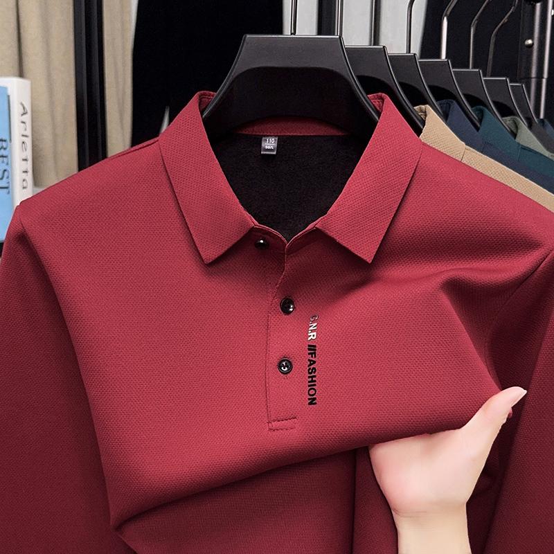Men s Polo Shirt Lapel Long Sleeve T-Shirt Autumn Winter Lapel Print Velvet Warm Top Fashion Menswear M