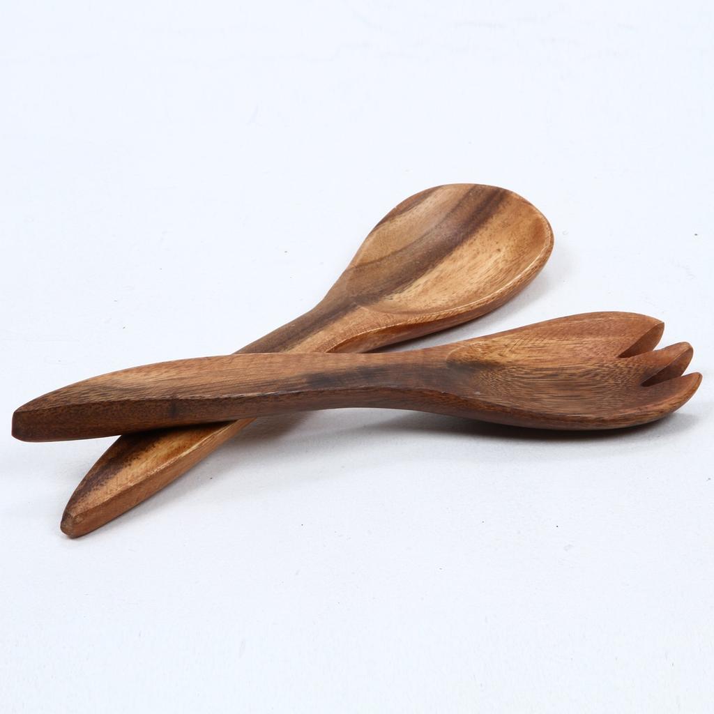 Fuji Boeki Acacia Wood Tableware 7-Piece Set, Round Type [Large Plate x 1, Small Plates x 4, Serving Spoon x 1, Serving Fork x 1] Durable, Lightweight