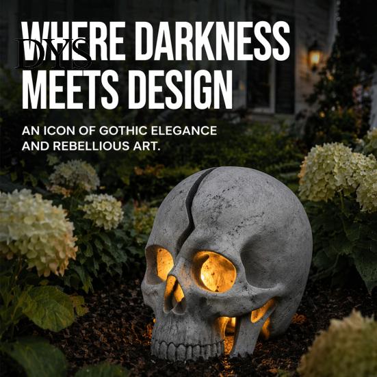 Broken Rebirth Sculpture Cracked Skull Garden Solar Light, Resin LED Statue Spooky Gothic Ornament Ornament, Halloween Decoration for Haunted