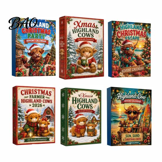 Adventní kalendář Kráva ze Skotské vysočiny Kalendáře 2026, 2D akrylové ozdoby, 24 dní Vánoční dekorace Odpočet se sběratelskými mini figurkami pro statek