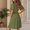 Women Wrap V Neck Polka Dot Short Sleeve Midi Dress with Ruffle Hem and Adjustable Waist Tie for Casual Wear