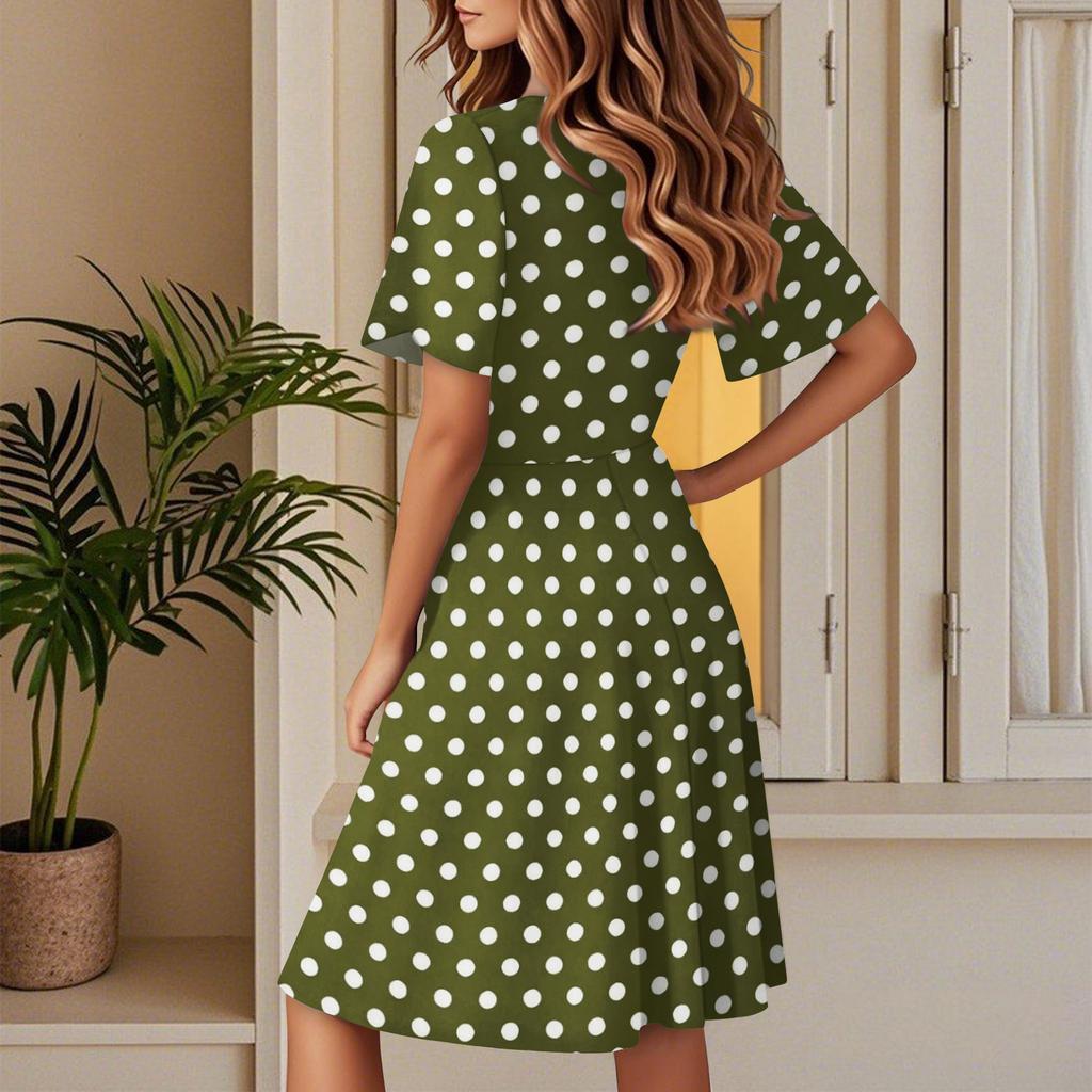 Women Wrap V Neck Polka Dot Short Sleeve Midi Dress with Ruffle Hem and Adjustable Waist Tie for Casual Wear