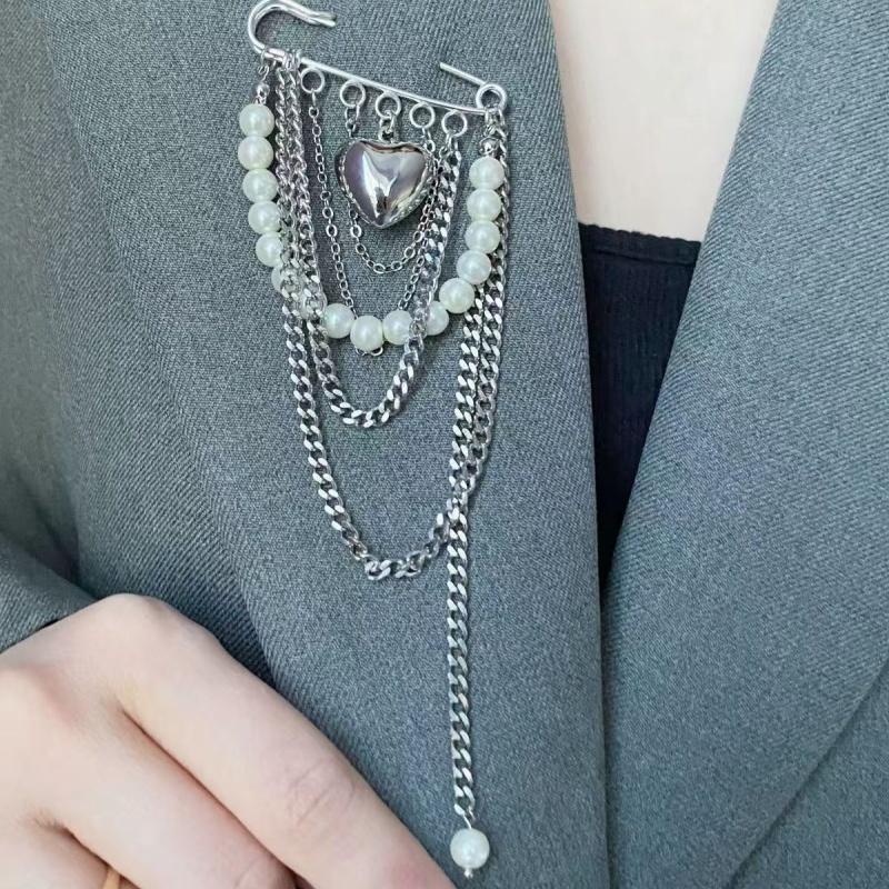 Exaggerate Long Tassel Chain Brooch Heart Imitates Pearls Multi-Layer Chain Multi Functional Fixed Pin Pants Clothes Decoration