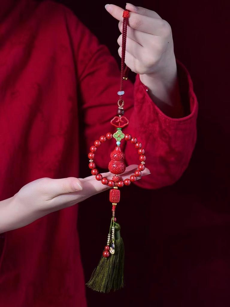 Emperor Sand Cinnabar Gourd Car Pendant - Handcrafted Fu Lu Double Pendant