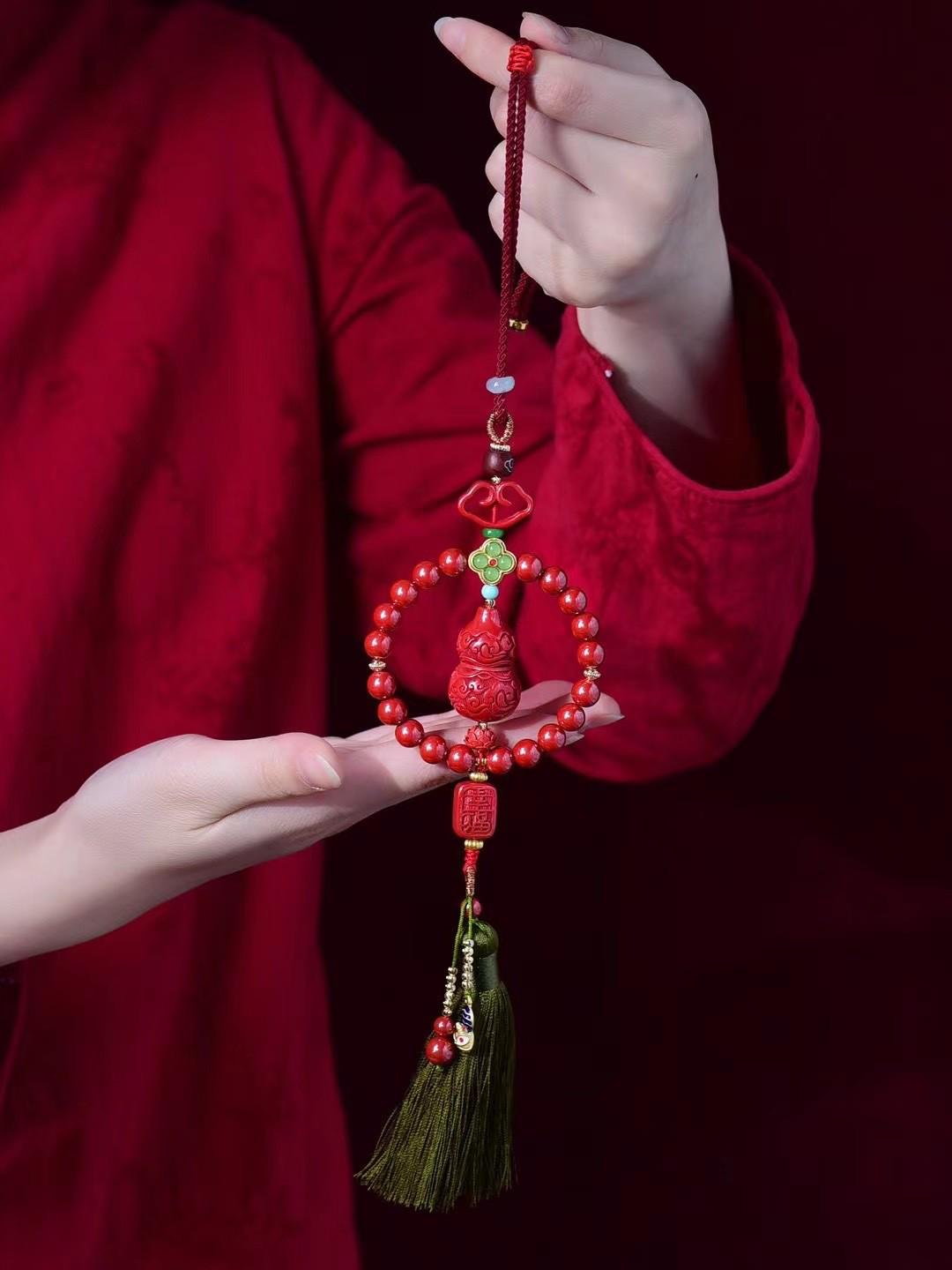 Emperor Sand Cinnabar Gourd Car Pendant - Handcrafted Fu Lu Double Pendant High-content Cinnabar (75%-80%)