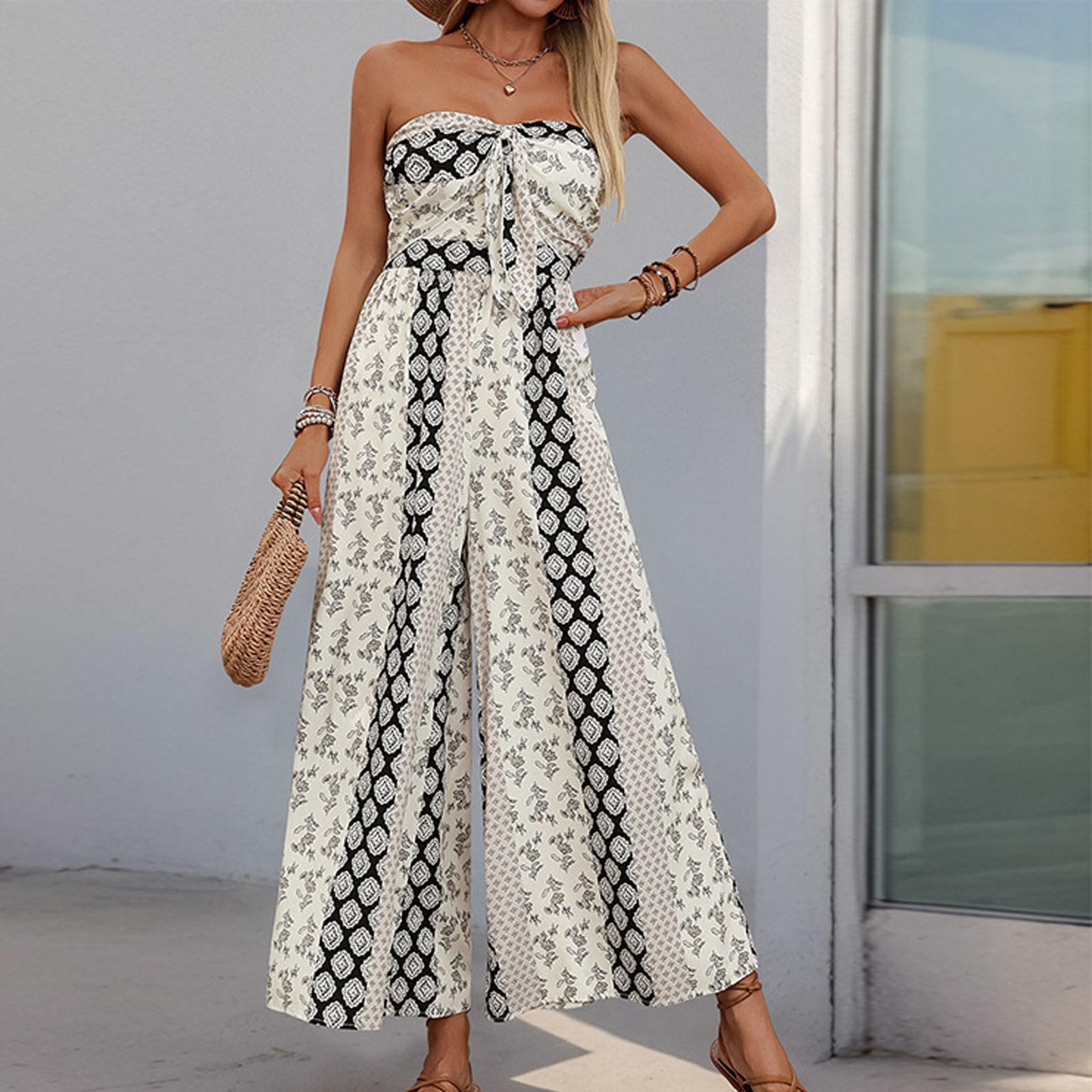 

Женский повседневный свободный комбинезон с принтом, без бретелек, без рукавов и широкими брюками XL чёрный