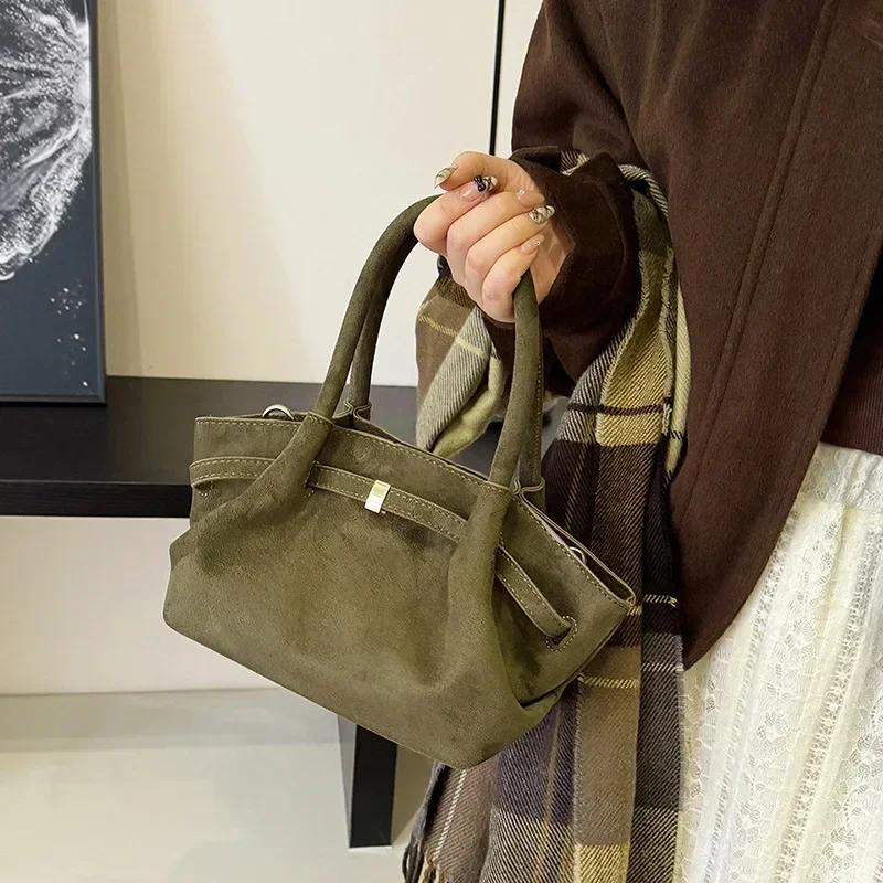 Vintage Faux Suede Women's Small Tote Bag Fashion Design Ladies Shoulder Crossbody Bags Retro Matte Female Purses and Handbags