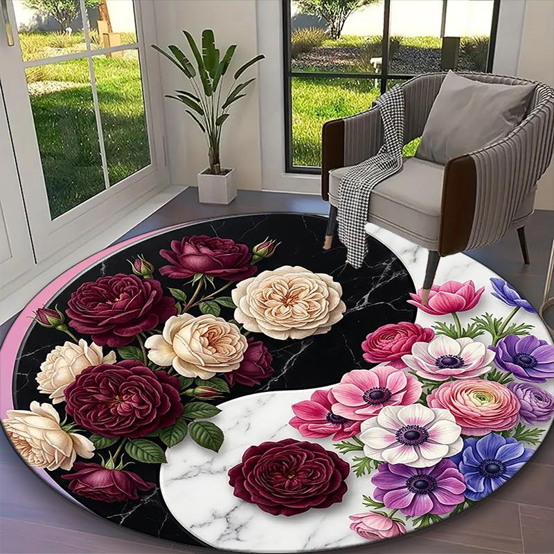 [Golden Rose Yin Yang Printed Carpet] Durable Home and Office Round Rug, Kitchen Farmhouse Decorative Floor Mat