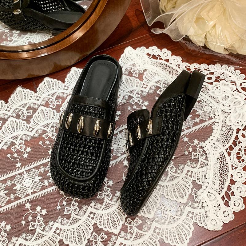 Luxury Woven Slippers Women Shoes Round Toe Metal Buckle Casual Style Lazy Outside Wearing Women's Sandals Elegant Slides Women