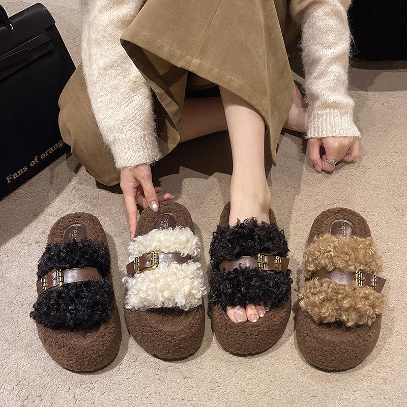 Fairy wind thick bottom fluffy drag girl wearing ins trendy small fragrant wind 2025 new autumn and winter French lazy cotton slippers