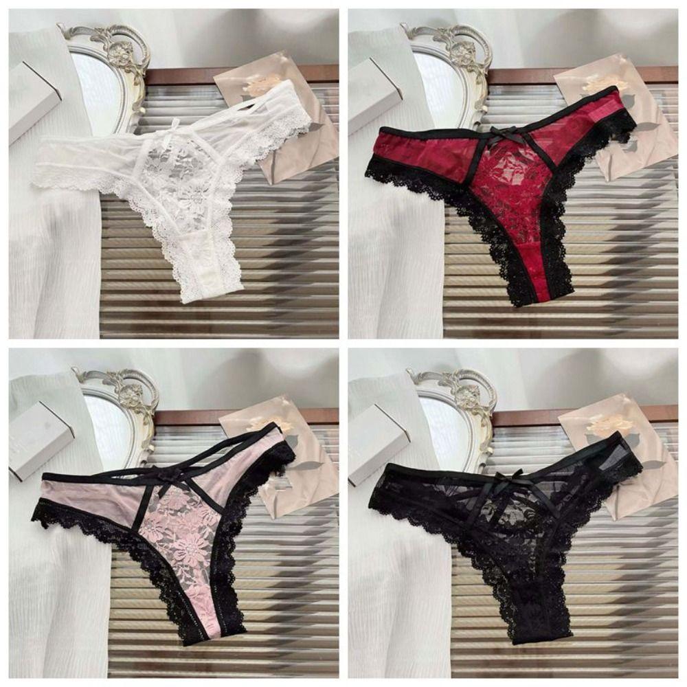 Ruffle Mesh Floral Bowknot Panties Patchwork Lace Flower Transparent Briefs Quick Drye   Lady