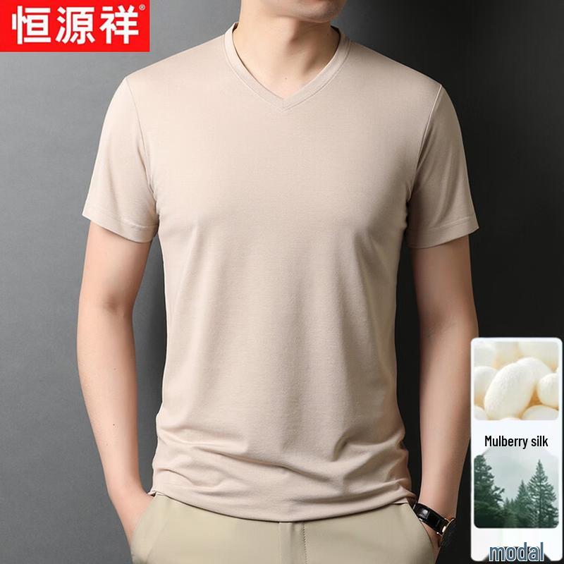 Hengyuanxiang Men's Summer V-Neck Silk Blend T-Shirt