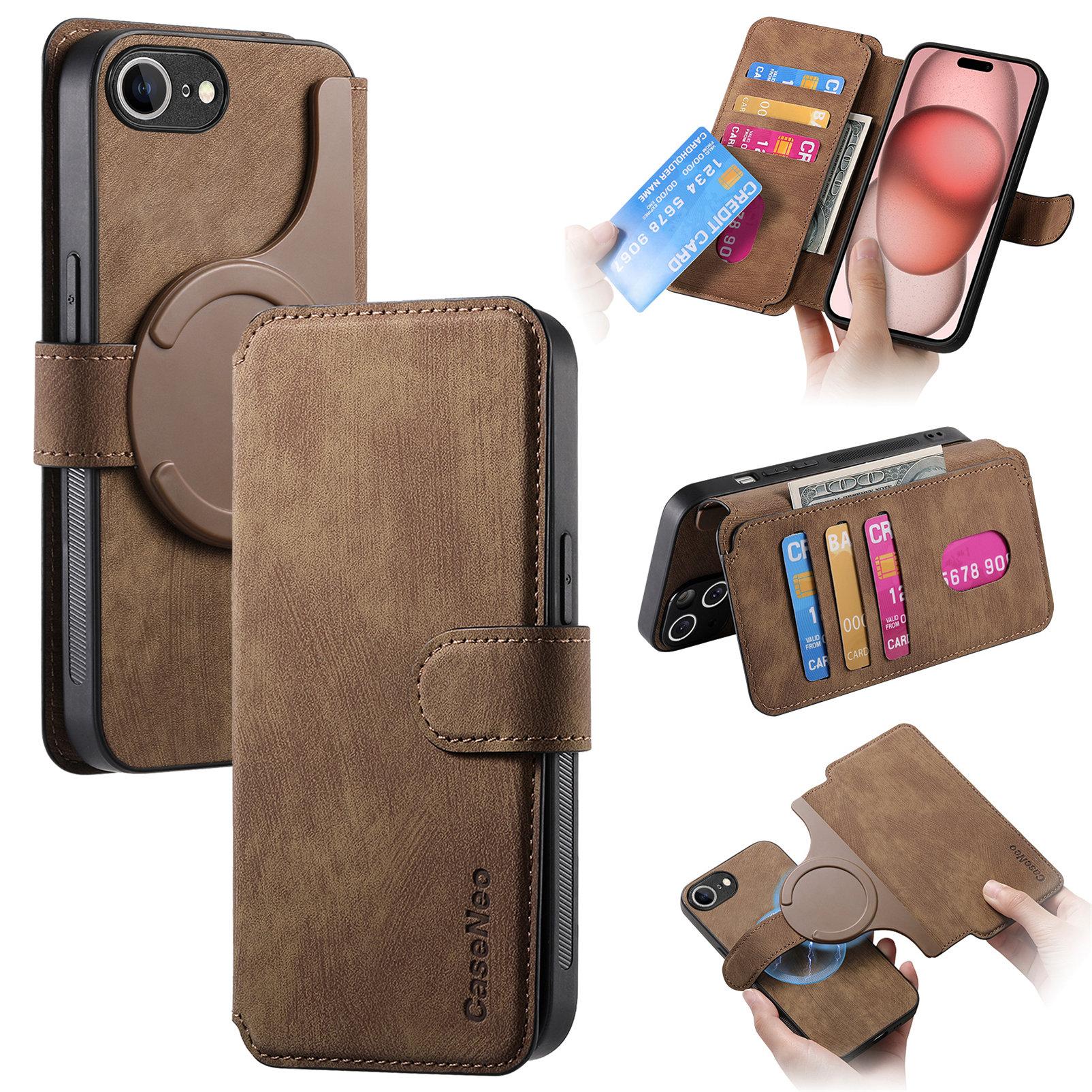 

For iPhone 16e Magnetic Case CASENEO Detachable Leather Phone Wallet Cover Brown
