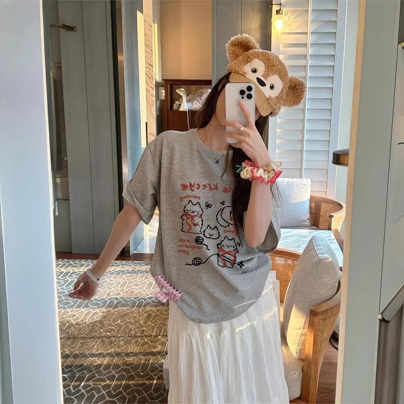 Women s White Cat Line Loose Fit Cotton T-Shirt M