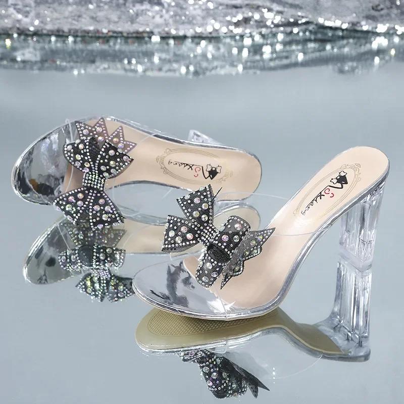 Fashion High Heeled Slippers for Women 2025 New Fashion Korean Version Rhinestone Bow Transparent Crystal Heel Sandals for Women