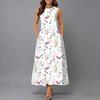 Plus Size Women Sleeveless Round Neck Dress Romantic Floral Printed Flowy Calf Length Gown