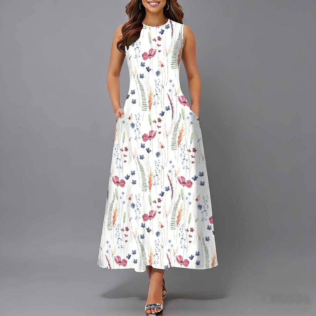 Plus Size Women Sleeveless Round Neck Dress Romantic Floral Printed Flowy Calf Length Gown