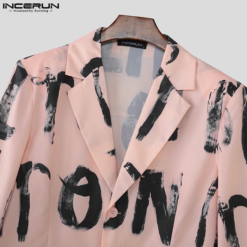 INCERUN Oversized Men Lapel Neck Long Sleeve Print Casual Loose Thin Blazer Coats