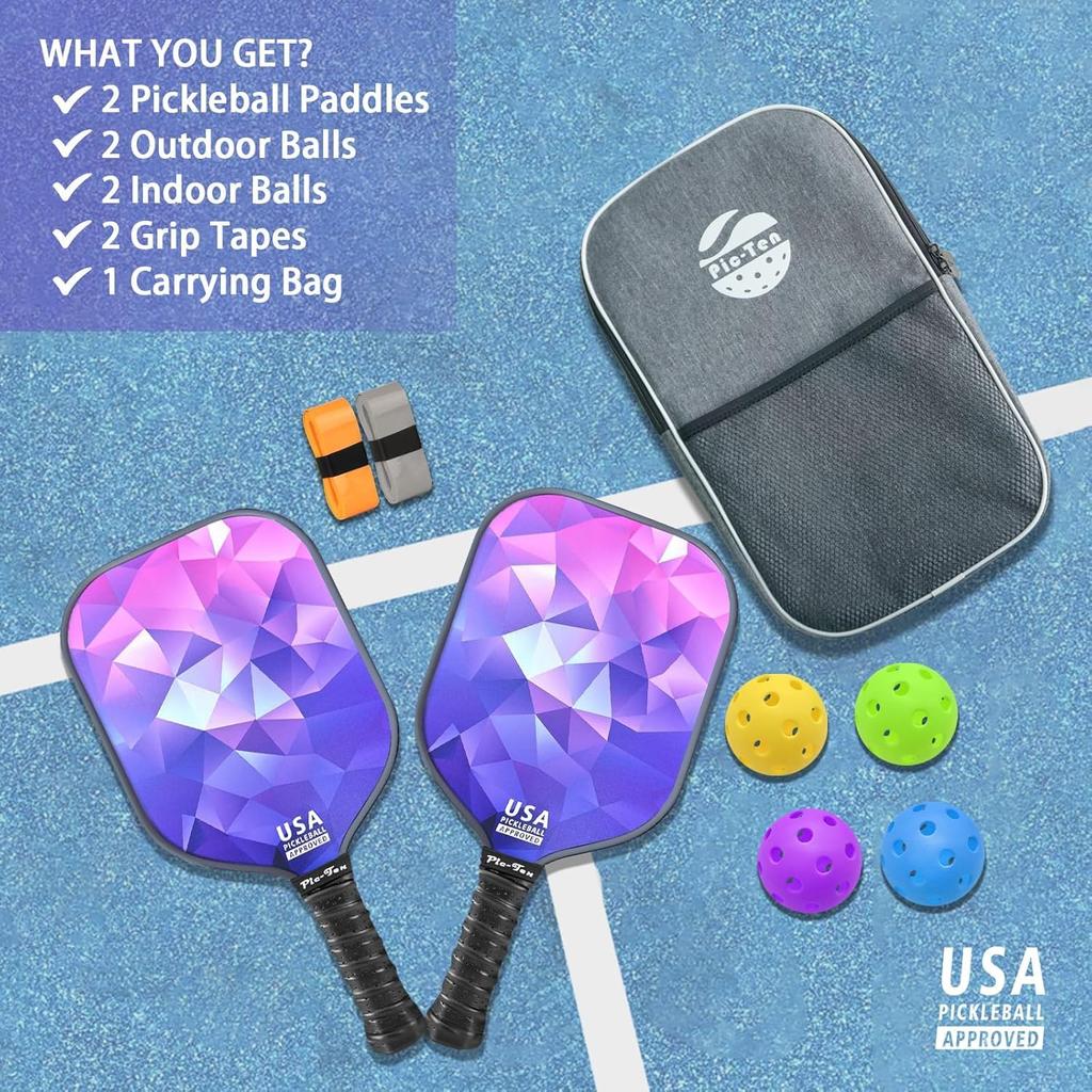 Pic-Ten 16mm Fiberglass Pickleball Paddle Set Purple 2-Pack USAPA Approved Honeycomb Core Anti-Slip Grip