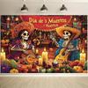 Vibrant Day of the Dead background banner - Mexican decoration skull musician marigold and candle patterns - polyester