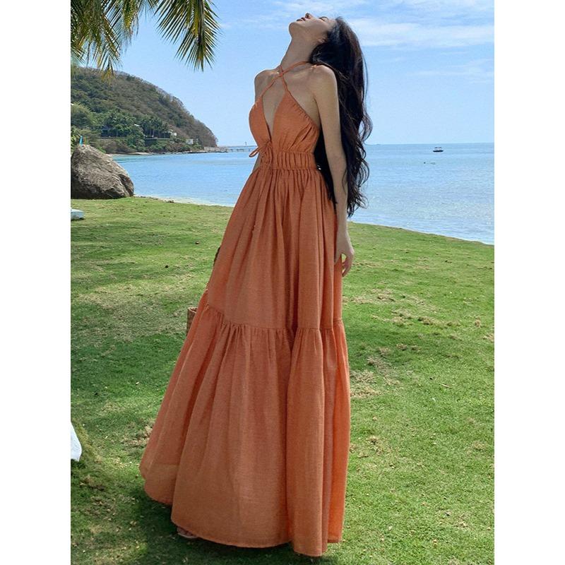 French Vacation Neck Strap Halter Dress Long Dress To Ankle Long Beach Dress Long Dress Elegant