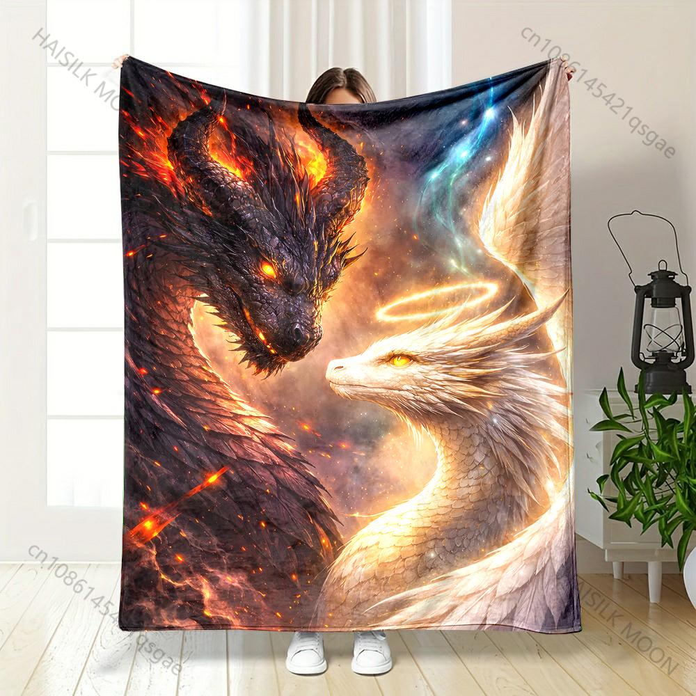 Dark dragon white dragon halo standoff flames Print Blanket Warm Soft Fluffy Kids Adult Sofa Bed Throw Outdoor Travel Camping