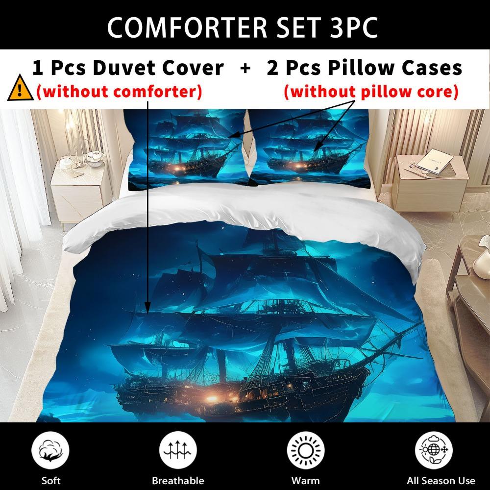 3pcs Blue Bedding Set Ocean Mist Ghost Ship Printed Cozy Duvet Cover Set King Queen Twin Single Size Birthday Gift Bedroom Decor